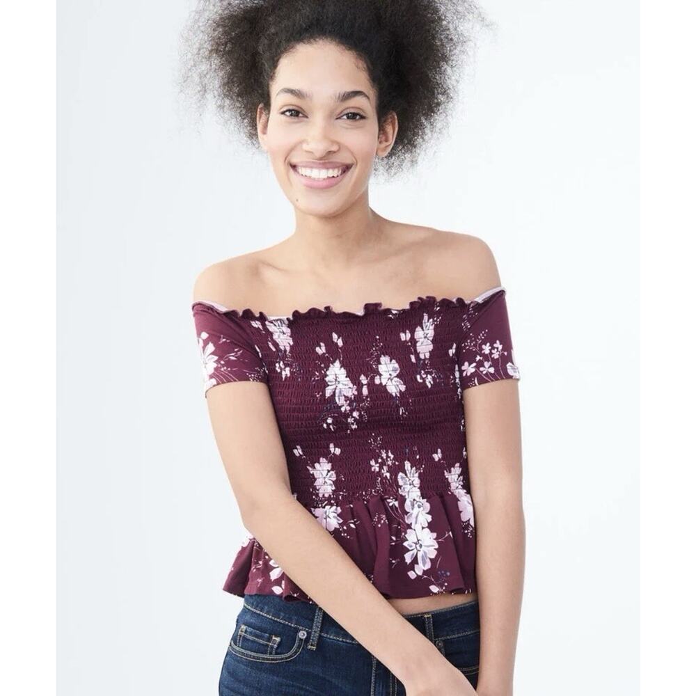 Aéropostale floral smocked off-the-shoulder top Sz M Peplum Ruffle Dainty